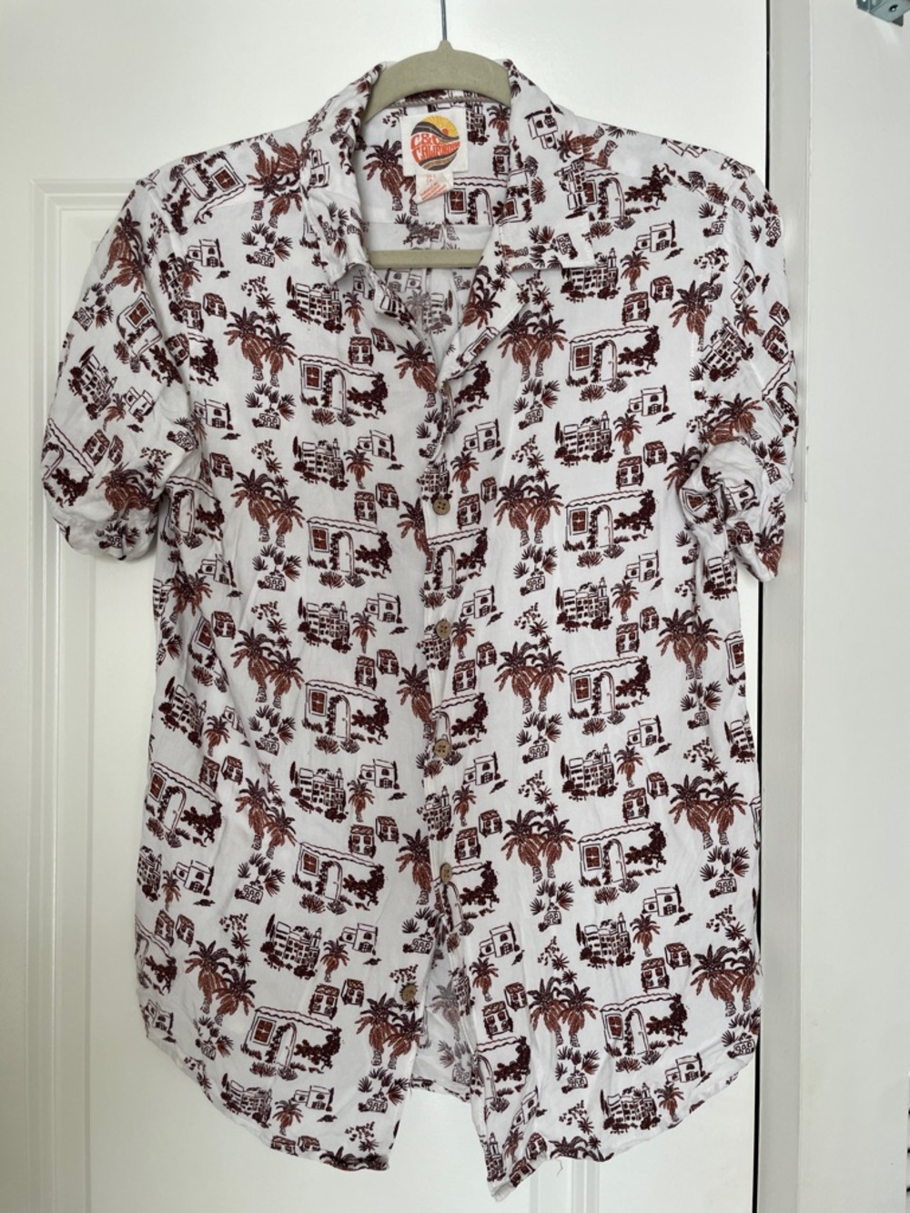 C&C California White Short Sleeve Shirt with Brown Palm & Villa Print
